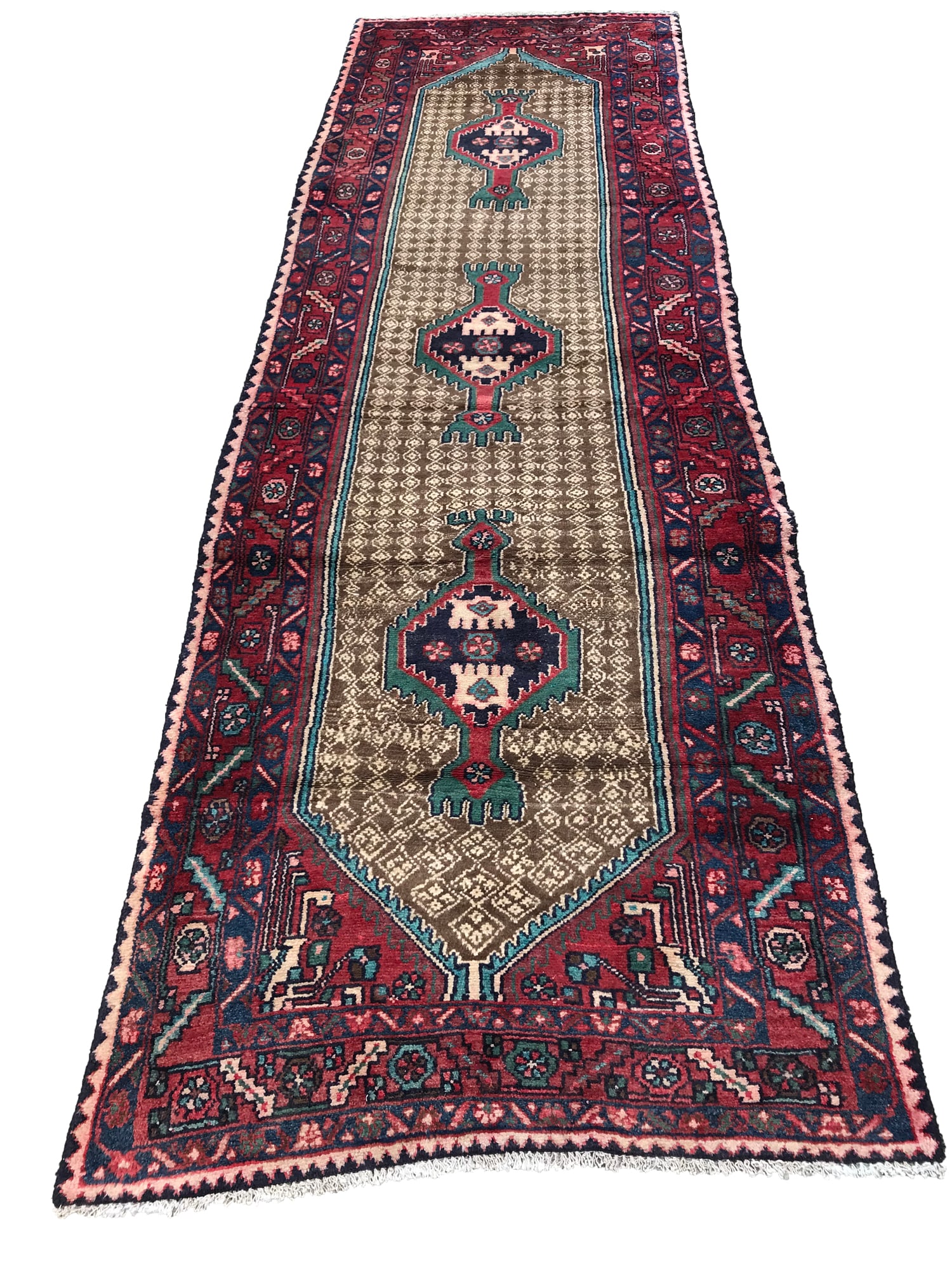 Persian Hamadan 136 Vintage Runner 3'2"x9'9" hand knotted in Iran: No Reserve Persian Hamadan 136 3'2"x9'9" hand-Knotted in Iran in the 1960s and in very good condition (see photos). Ahon auction offer in house shipping domestic and worldwide fully insured via UPS wi
