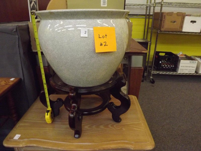 Pottery planter on wooden stand: NICE POTTERY PLANTER WITH WOODEN BASE, NO MARKINGS.