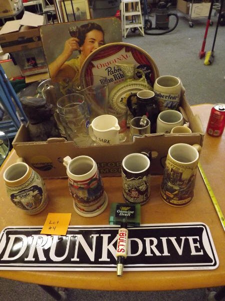 Bar collection : steins, trays, decanter: This collection has a little of everything including beer trays, steins, King Kong decanter (empty), tapper, street sign and more.