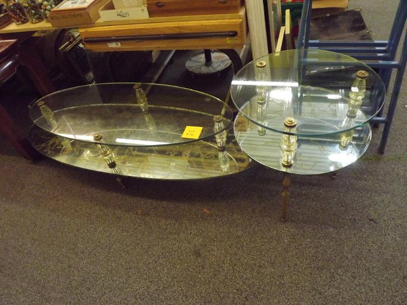 1950: VINTAGE COFFEE TABLE AND END TABLE BOTH MIRRORED AND GLASS WITH GOLD FLAKES.