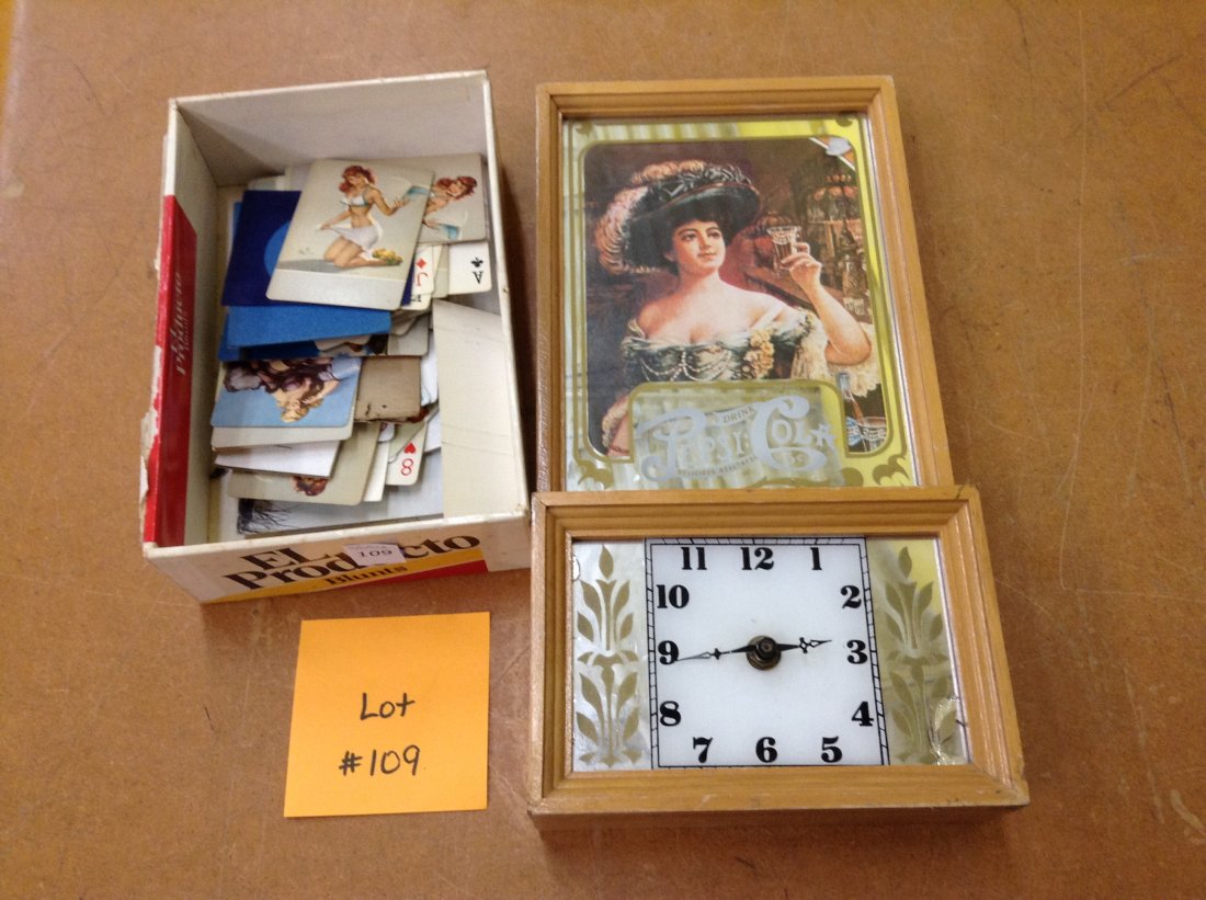 GIRLIE CARDS & PEPSI CLOCK: MODERN BATTERY OP WOODEN FRAMED PEPSIE CLOCK AND ASSTD GIRLIE PLAYING CARDS AND MATCHBOOK COVERS