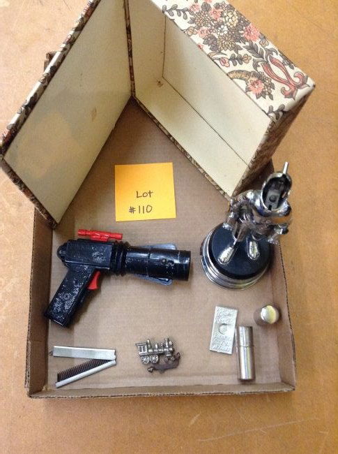 ASSTD SMALLS INC BUCK ROGERS AND KNIGHT: KNIGHT MUSICAL LIGHTER (LATCH ON HELMET BROKEN) BUCK ROGERS SPACE GUN AND NEEDLE CASE AND MISC