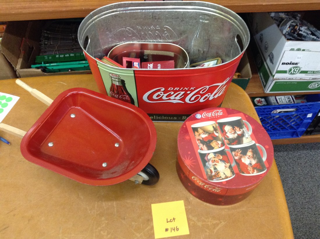 COCA COLA COLLECTION: BOX OF COCA COLA ITEMS INC TINS, PLAYING CARDS, SET OF 4 COFFEE MUGS