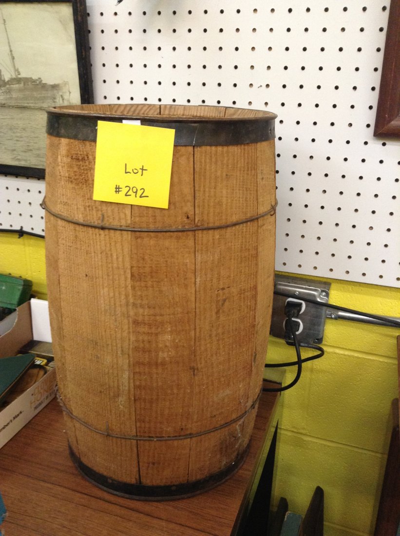 WOOD NAIL KEG BARREL: WOOD NAIL KEG BARREL AND TWO GLASS BOUYS
