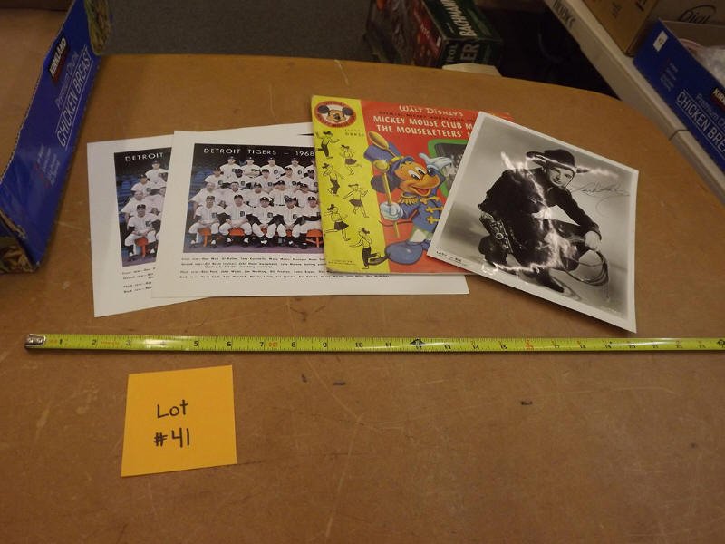 PAPER ITEMS: SIGNED COWBOY PICTURE, SPORTS TEAM PICTURES AND MICKEY MOUSE RECORD