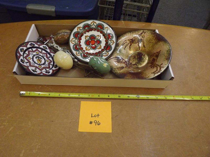 ENAMELWARE, EGGS, CRUCIFIX: ENAMELWARE AND POTTERY TRAYS INC SIGNED, EGGS INC MARBLE, METAL WHEELBARREL AND METAL CRUCIFIX