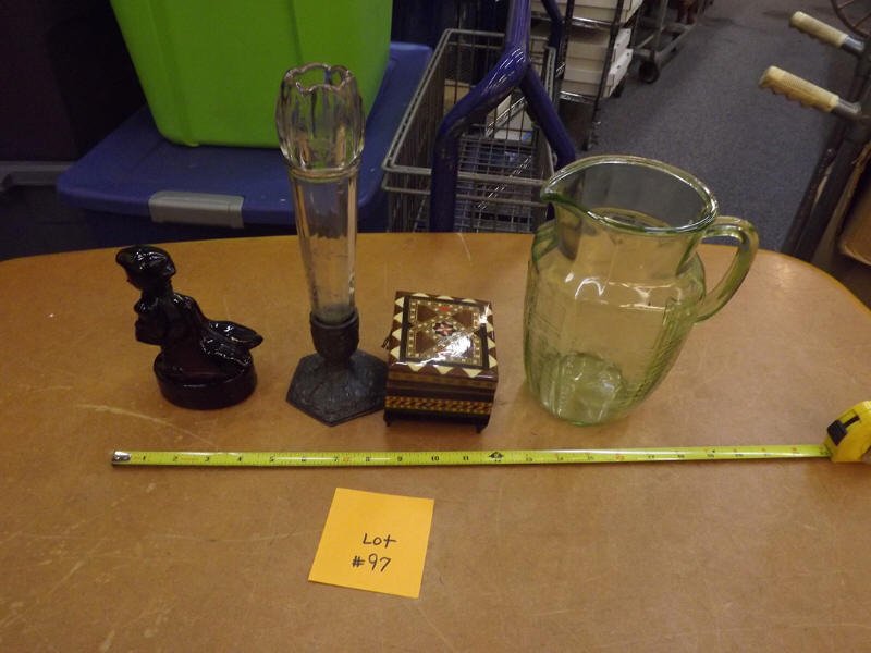 VASE, DEPRESSION GLASS, ECT: GREEN DEPRESSION GLASS PITCHER, ORNATE SILVERPLATE BASED ETCHED VASE, AMETHYST GLASS GOOSE GIRL PAPERWEIGHT AND INLAID DRESSER BOX MISSING ONE RUBBER FOOT
