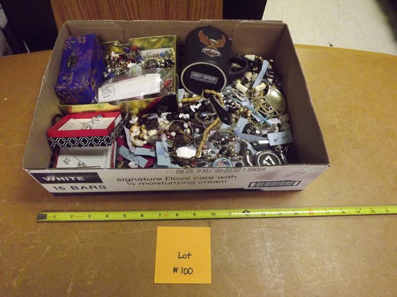 COSTUME JEWELRY: BOX OF COSTUME JEWELRY AND HARLEY DAVIDSON MUG