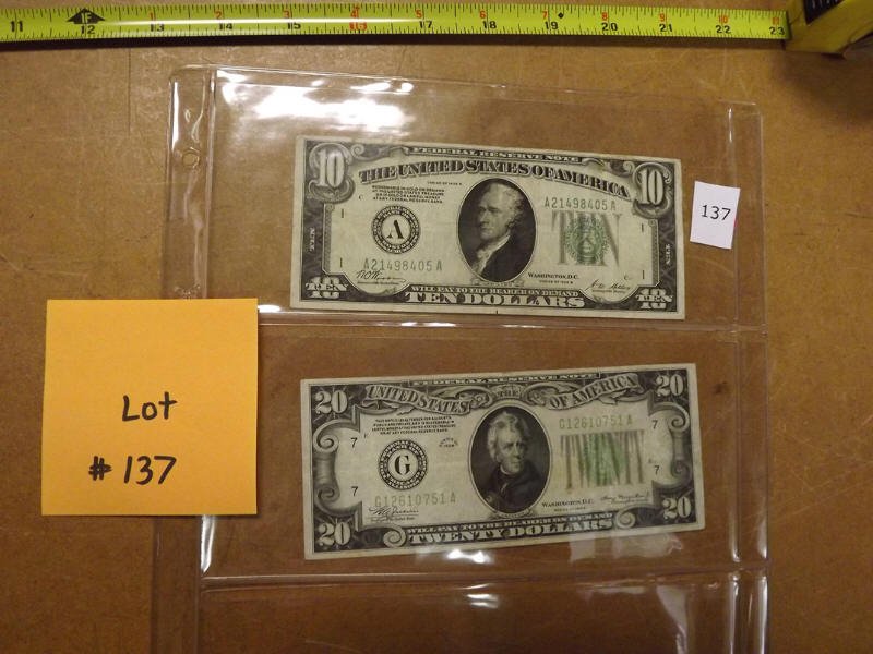 1934 $20 BILL AND 1928 $10 BILL: 1934 $20 BILL AND 1928 $10 BILL