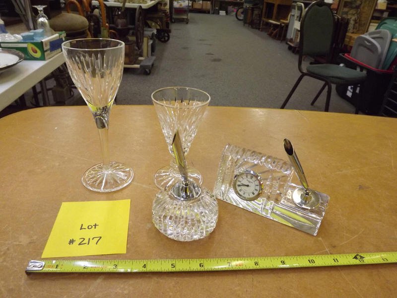 WATERFORD: WATERFORD PEN HOLDER, CLOCK PEN HOLDER AND TWO STEMMED CORDIALS