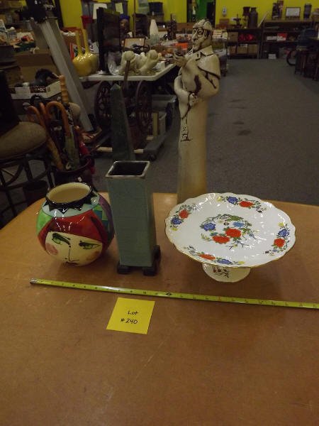 CAKE PLATE, POTTERY, STATUE: POTTERY SHERLOCK HOLMES STATUE (DAMAGE TO PIPE AND HAND), ROYAL AYNSLEY CAKE PLATE, POTTERY VASES, ECT