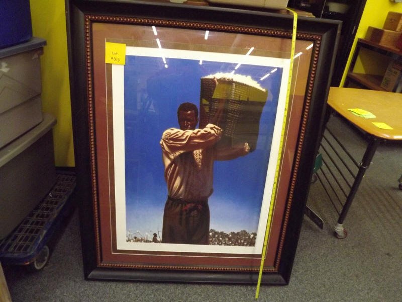 KADIR NELSON PICTURE: KADIR NELSON PICTURE OF COTTON PICKER IN FIELD FRAMED SIGNED AND #38/495, FRAME HAS SOME DAMAGE ON TOP BACK CORNER (LAST PICTURE)