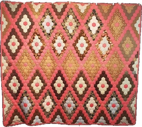 Antique Hexagon Quilt Field of Diamonds c1880: Antique Hexagon Quilt Field of Diamonds c1880, 72in x 83in. The scale is larger than we normally see for this time period at 1.25in along one side of the hexagon. Mostly brown prints set with a double