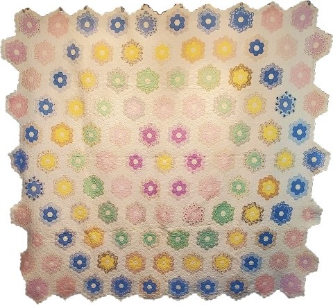 c1930s Grandmothers Flower Garden Quilt Medallion Style: c1930s Grandmothers Flower Garden Quilt Medallion Style measures 84in x 90in. Soft pastel colored fabrics make up the rosette in this quilt, with the color arrangement creating a medallion effect: yel