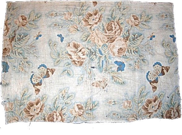 Early 19th Century Cotton Floral Fabric with Butterfly: Antique cotton fabric measuring 16.5 inches by 24 inches. Circa 1830 based on the print and dyes. Large scale flowers, roses, and leaves, with butterflies, in browns and blues, and a brown picotage gr