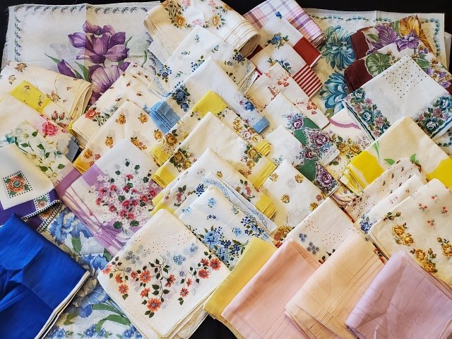 Over 250 Vintage Printed Cotton Handkerchiefs: These are old stock from a handkerchief factory. Includes 225 printed cotton handkerchiefs from the 1950s and 1960s. Some singles, but many are repeated (x20) or of a slight variation (yellow daisies,