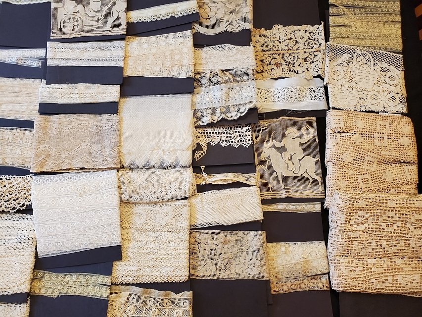 Antique & Vintage Lace Group 1: 35 pieces of antique and vintage lace, organized on archival cardstock, measured, and in some cases identified (I am not responsible for errors). Lace includes hand filet, hand needle lace, Battenburg