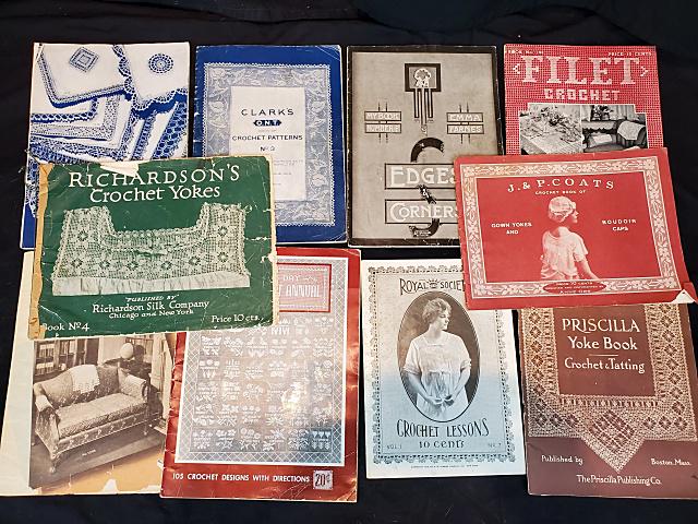Antique Lace and Crochet Ephemera: Group of 10 booklets related to lace and crochet all from pre 1950s. Includes Richardsons Crocheted Yokes 1916, JP Coats Crochet Book of Gown Yokes and Boudoir Caps designed by Anne Orr 1916, a book o