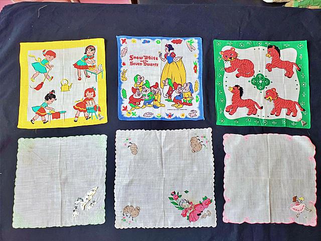 6 Vintage Childrens Handkerchiefs: 6 Vintage Childrens Handkerchiefs includes printed Snow White and the Seven Dwarfs, printed little girls playing house, printed tigers and zebras designed by Alys, printed Easter chicks, and 2 embroid