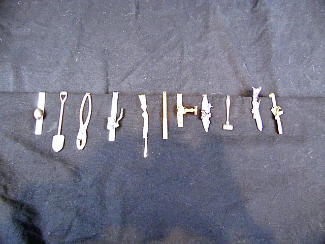 Vintage Mens Tie Bar 1- Hunting, SnapOn, Sterling: Mens Tie Bar Group 1 includes brass airplane, Korean Air airplane, Hunting Rifle marked Hadley, Snap On tool, Gavel, plumbing valve with turning spigot handwheel, Sterling Silver Football (note that j