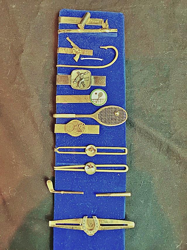 Vintage Mens Tie Bar 6- Tennis, Hunting, Horses: Mens Tie Bar Group 6 includes Golf club, Remington Peters Bullet, goose in flight, IACP Miami 65 Revolver, fishing hook, bowling, 2 with tennis, watch gears, horses under domes, and horseshoe with rhi