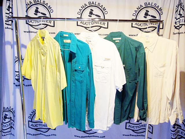 5 Mens Shirts XL: 5 Mens Shirts size XL including Croft and Barrow short sleeved yellow, St Johns Bay Kelly green, Columbia short sleeve white, Robert Stock green, and Cypress off white silk.