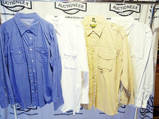 4 Mens Shirts Size XL: 4 Mens Shirts Size XL including a blue print with no tags, side is an estimate, tan J Crew, brown Sierra Trading Post, and off white Road Block.