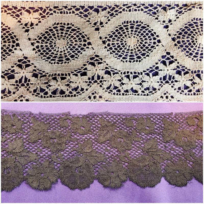 Early Machine Made Bobbin Lace with Black Lace: Early Machine Made imitation Bobbin Lace in natural color measuring 3.5 inches by 5.5 yards. Along with a black machine lace 4 inches by 1.5 yards. In house Flat Rate Shipping is an estimate. I will g