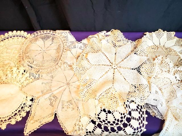 Hand Crochet Doily Grouping with Stars: Hand Crochet Doily Grouping of 18 doilies, of note is a large filet crochet star 25 inches across, and it's smaller companion at 16 inches across. Many with linen centers. Included is a machine lace r