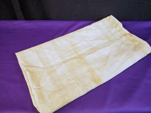 Antique Linen Fabric: Antique Linen Fabric measuring 36 inches wide by 80 inches long. Short edges are hemmed by hand. In good condition. There are some spots and a lot of age discoloration. In house Flat Rate Shipping is 