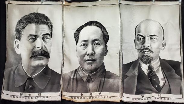 3 Vintage Cultural Revolution Silk Banners: 3 of the Chinese Cultural Revolution woven silk banner portraits, created on a jacquard loom of 3 of the 5 Greats. LENIN, STALIN, and CHAIRMAN MAO. They measure 30 inches by 20 inches each. Condition 