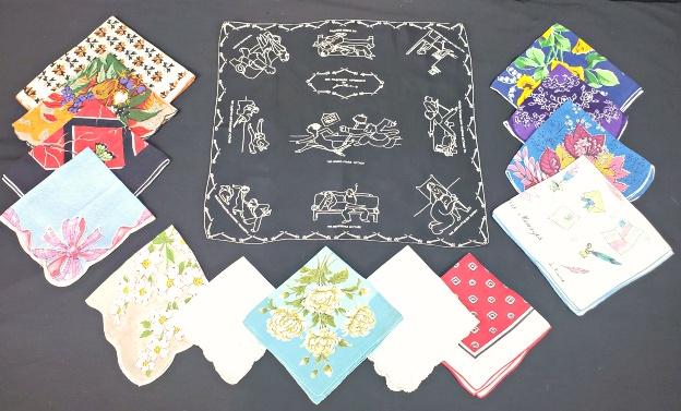 Lot of 14 Vintage Handkerchiefs: Lot of 14 Vintage Handkerchiefs, mostly linen, 2 are silk including The Masculine Approach by James Thurber. Only 2 are white, the rest are printed. Condition is very good. I did not see any spots, bu