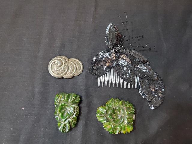 Ladies Clip, Comb, and Buckle - Bakelite, Sequins: Grouping includes a black sequin hair comb, half of a silver metal buckle, a green Bakelite sweater clip with a matching half of a buckle. All in very good condition. In house Flat Rate Shipping of $1
