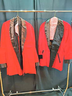 2 Vintage Red Corduroy Jackets with Black Satin: 2 Vintage Red Corduroy Jackets with Black Satin collars and cuffs. Appear to be size L. In very good condition. In house Flat Rate Shipping of $15 is a domestic shipping estimate. I will gladly combin