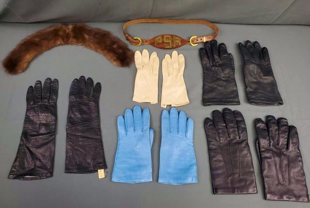 Leather Gloves, Belt, and Fur Collar: 4 pairs of leather gloves for ladies, including small vintage ladies kid leather gloves in natural color size 6.5 with pearl closure made in France and in very good condition, vintage black long leath