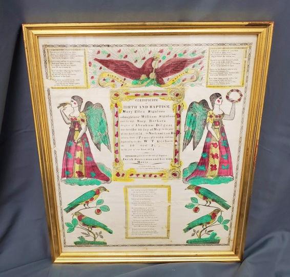 Antique 1854 Hand Colored Fraktur - Bucks County PA (1 of 12)