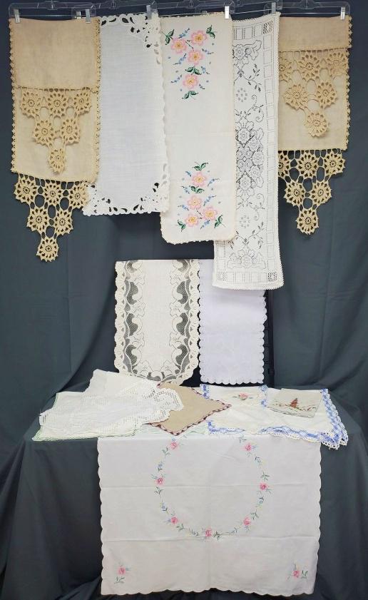 Group of Vintage Linens, Some Newer: Group of vintage linens, some newer c1980s. Older linens include a pair of linen runners with crocheted dropped edges in very good condition, some moisture discoloration, a hand embroidered dresser sc