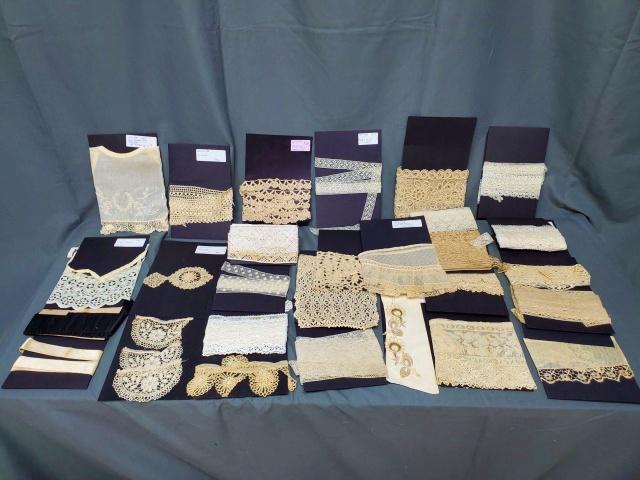 Group of 30 Antique & Vintage Lace Pieces: Lot of 30 Antique and Vintage Lace Pieces - incudes a black silk and ivory silk ribbon several appliques; two broderies and anglaise collars. Some yardage in good to very good condition, please see th