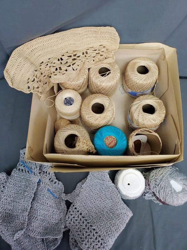 Box Lot of Vintage Crochet Threads: Box of Vintage Crochet Threads - includes nine vintage balls of crochet thread by Bucilla, Clarks, J&P Coats and 1970's Bucilla metallic ball of thread with work in progress. In very good condition. P