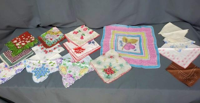 16 Vintage Handkerchiefs -Tammis Keefe: Lot of 16 Handkerchiefs with Embroidery, Lace and Printed - includes - 12 printed; 4 with embroidery or drawn work, and features a Tammis Keefe design. Mostly cotton in good condition. Please see the 