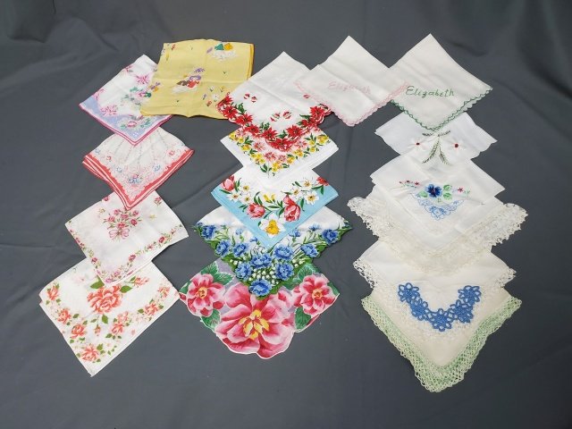 17 Vintage Handkerchiefs - Printed Easter, Xmas: Lot of 17 Handkerchiefs with Embroidery, Lace and Printed - includes - 10 printed; 3 with lace, and 4 with embroidery including 2 monogrammed Elizabeth. Not the Burmel printed Easter Bunny handkerchie