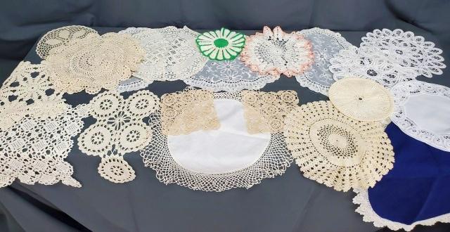 Group of 20 Vintage Doilies Lace: Group of 20 Vintage Doilies Lace - hand crocheted, Battenberg, and embroidery. Various sizes and some colorful. Mostly cotton in good to very good condition. Please see the photos for imperfections. I