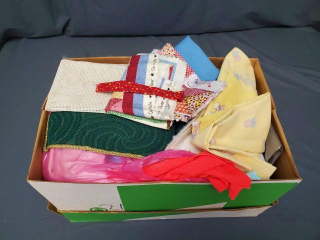 Boxlot of Vintage Textiles 14 lbs: Boxlot of vintage textiles, mostly fabric, weighing about 14 pounds. From the estate of a seamstress in PA from the 1950s to 1990s. Please see pictures and watch the live simulcast for contents. We re
