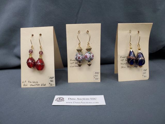 3 Pairs of Earrings - Cloisonne, Venetian Glass: 3 Pairs of earrings handmade by Arlene Renee Creations. Includes 2 pairs with Venetian Glass, one in red, the other in blue. And a pair with Cloisonne. All with gold filled wire hooks. All on original