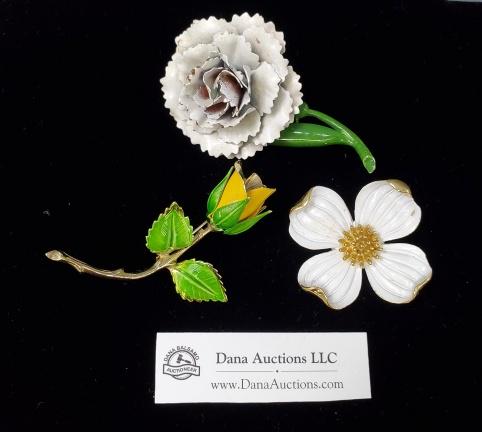 3 Enamel Flower Pins - Giovanni, Trifari (1 of 10)
