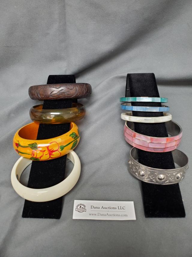 9 Vintage Bangle Bracelets - Wood, MOP (1 of 9)