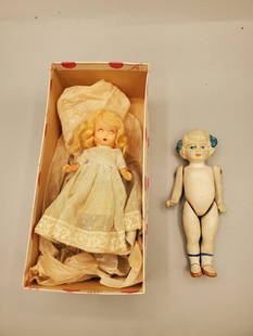 Vintage Nancy Ann Storytime Doll with Bisque Doll: Vintage Nancy Ann Storytime doll in original box with vintage bisque porcelain doll featuring hand painted details. Nancy Ann doll has matted hair and Bisque doll has slight discoloration. Both approx