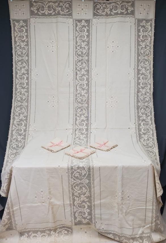 Antique Fancy Linen Tablecloth with 12 Napkin Set (1 of 10)