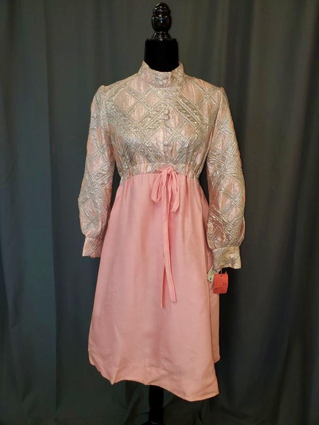 Vintage Queen Bee Pink and Silver Dress: Vintage c1960s Pink and Silver Lame Dress by Queen Bee, with original tag, size 8, would fit today's size extra small, dress has silk skirt, adjustable empire waist with pockets, ties in the front wit