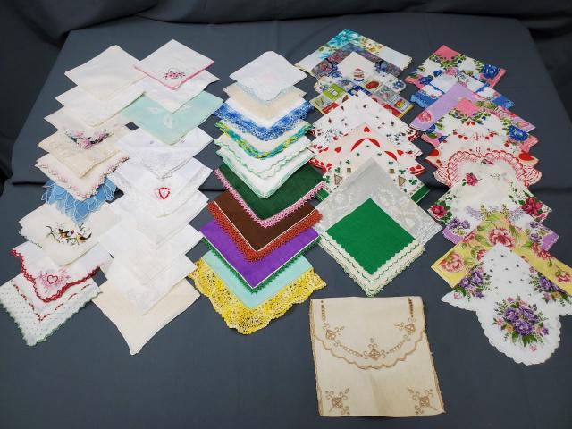 Group of 50 Vintage Handkerchiefs - A: Group of 50 vintage handkerchiefs including 20 printed, several with a Valentines theme, one with St Patricks Theme, one novelty; 10 lace edged including crochet, tatting and more; and 20 hand embroid
